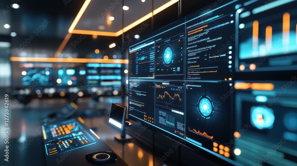 A high-tech control room featuring large display screens filled with data visualizations and metrics, indicating sophisticated monitoring systems and advanced analytics for critical operations. A high-tech control room featuring large display screens filled with data visualizations and metrics, indicating sophisticated monitoring systems and advanced analytics for critical operations.
