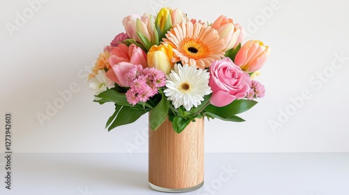 Wallpaper Mural Colorful spring bouquet featuring tulips and daisies in a wooden vase on a minimalistic table setting Torontodigital.ca