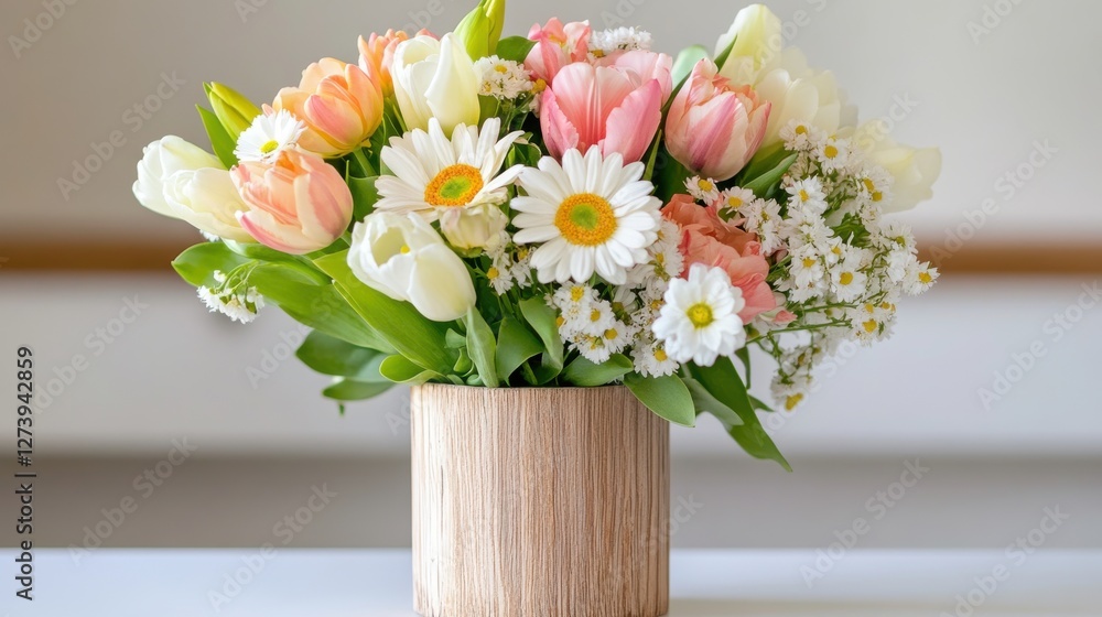 Colorful spring bouquet featuring tulips and daisies in a wooden vase on a minimalistic table setting Colorful spring bouquet featuring tulips and daisies in a wooden vase on a minimalistic table setting