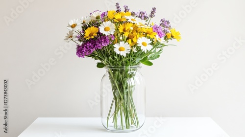 Wallpaper Mural Brightly colored wildflowers arranged in a glass vase on a table against a neutral background Torontodigital.ca