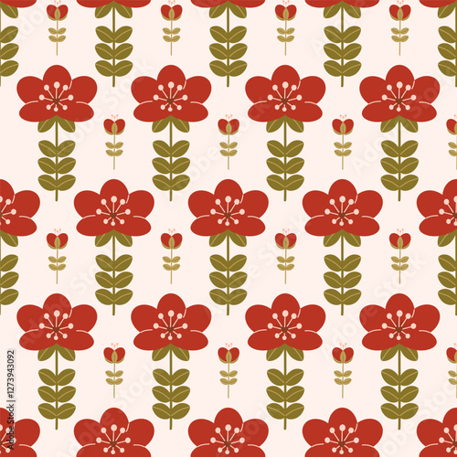  picture shows a bright pattern with a fancy red flower and a smaller bud next to it