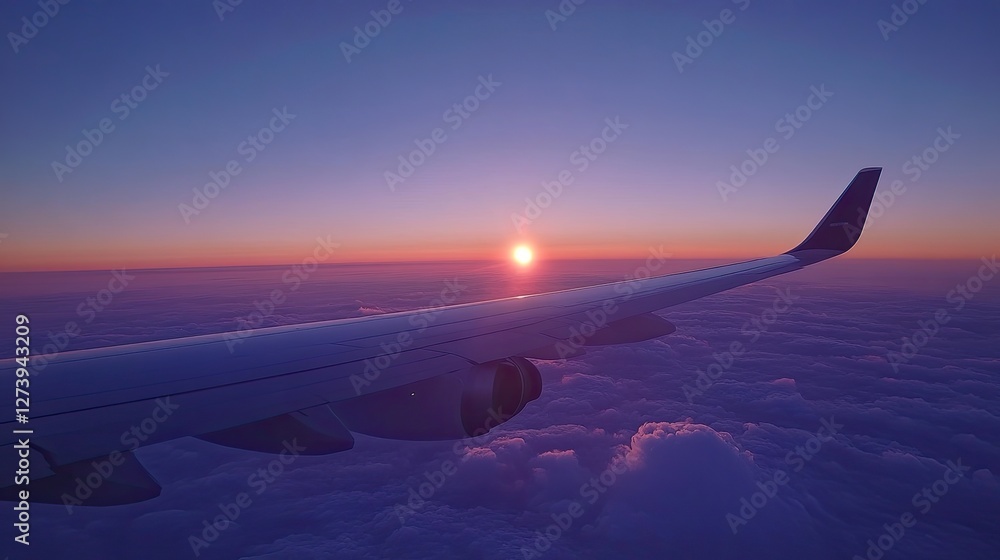 Obraz premium Airplane Wing Sunset Cloudscape Aerial View
