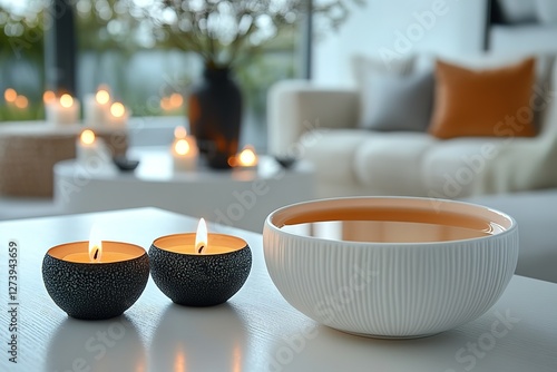 Serene ambiance: Candles flicker next to a bowl in a bright calming room creating a peaceful mood