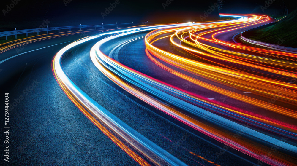 Long exposure of light trails on winding road at night, showcasing vibrant colors and motion. scene captures dynamic energy of vehicles in motion Long exposure of light trails on winding road at night, showcasing vibrant colors and motion. scene captures dynamic energy of vehicles in motion