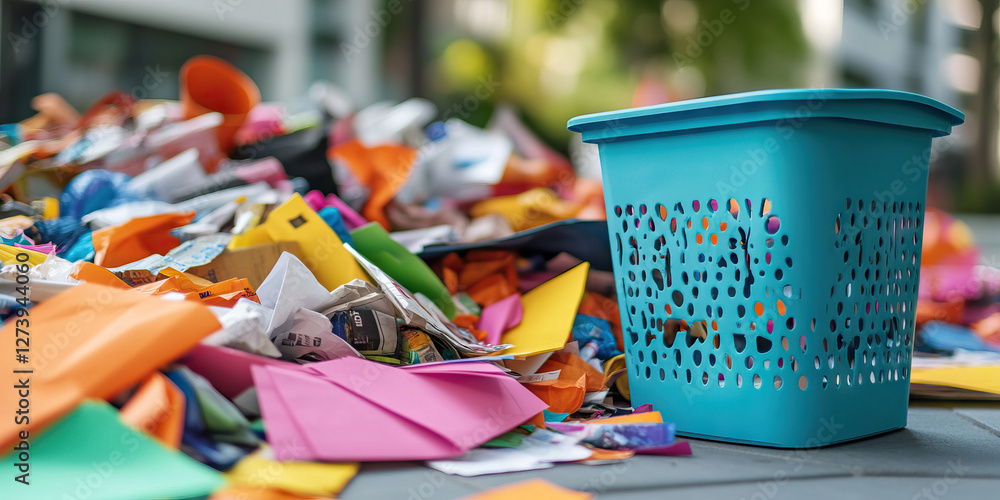 Fototapeta premium Teal Plastic Basket and Pile of Discarded Colored Paper