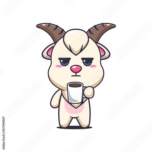 goat mascot cartoon character vector illustration is tired and sleepy holding coffee