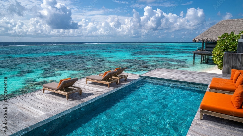 Serene Tropical Pool Overlooking Bright Blue Ocean and Sky Serene Tropical Pool Overlooking Bright Blue Ocean and Sky