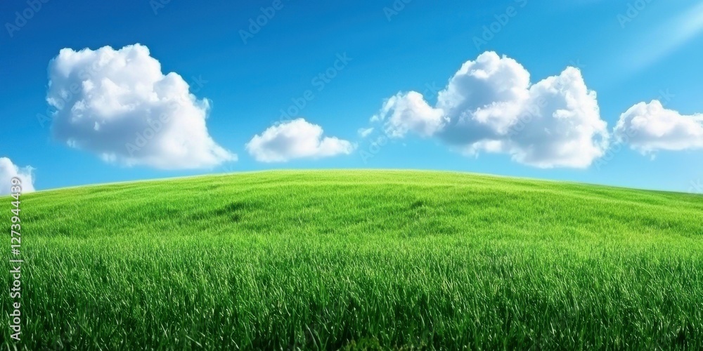Vibrant green grass under a bright blue sky with fluffy clouds. Vibrant green grass under a bright blue sky with fluffy clouds.