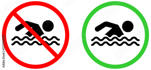 Swimming allowed and no swimming signs vector illustration with red and green circle icons showing safety rule and prohibition symbol. Vector swim zone guideline symbols. Vector illustration 