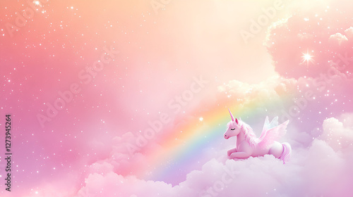 whimsica pastel rainbow unicorn background shines with sparkling stars against a soft, pink fantasy sky. Fairy iridescent gradient backdrop. unicorn resting on a fluffy cloud with a vibrant rainbow photo