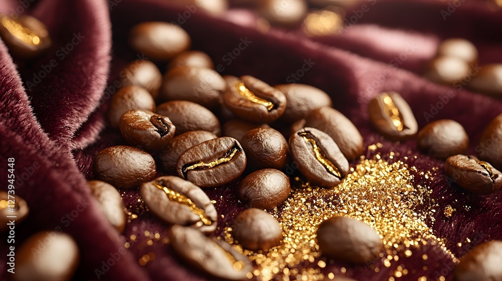 Dark Nutty Bitter, Luxurious Coffee Beans and Golden Dust on Plush Velvet Fabric Dark Nutty Bitter, Luxurious Coffee Beans and Golden Dust on Plush Velvet Fabric