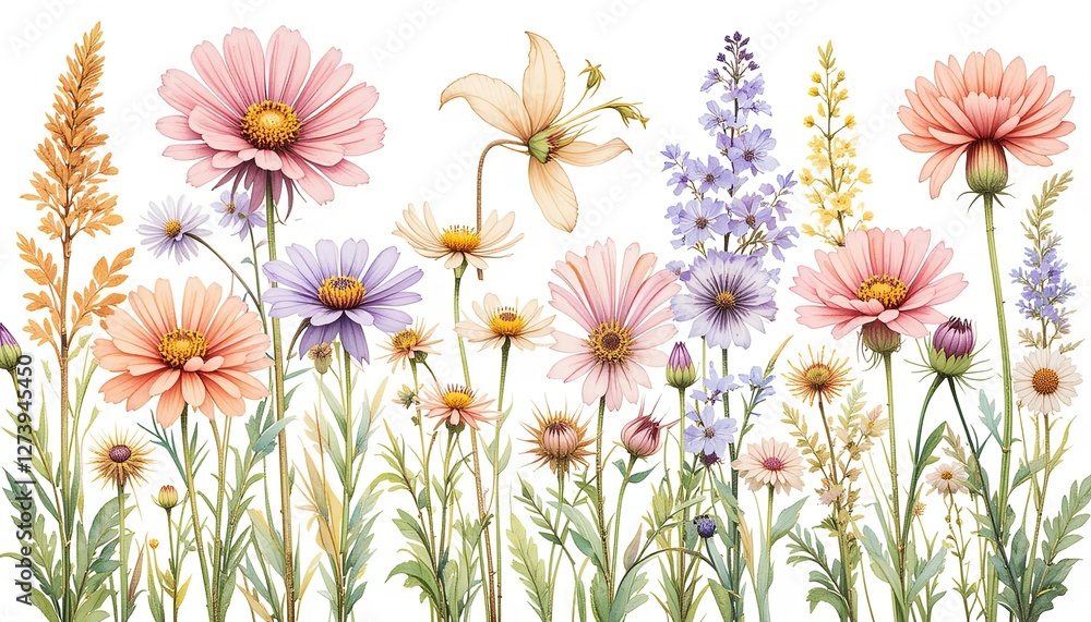 Obraz premium Vibrant wildflowers blooming in nature floral artwork outdoor scene view from front colorful display