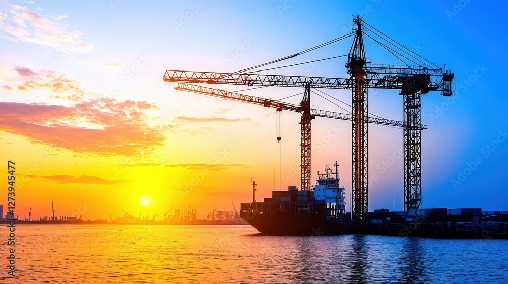 A sunset view over a harbor with cranes and a ship, showcasing an industrial scene filled with vibrant colors. A sunset view over a harbor with cranes and a ship, showcasing an industrial scene filled with vibrant colors.