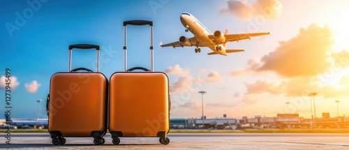 Two orange suitcases on an airport runway with an airplane taking off in the background at sunset. photo