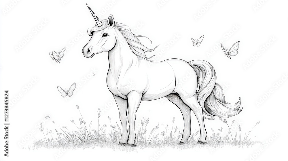 Majestic unicorn sketch with butterflies in a tranquil meadow setting Majestic unicorn sketch with butterflies in a tranquil meadow setting