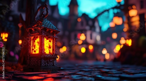 Glowing lantern illuminating a cobblestone street in a quaint village at dusk with soft bokeh lights