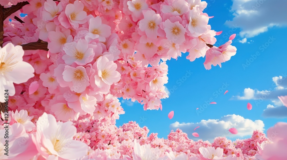 Cherry blossom trees bloom under a bright blue sky with fluffy clouds during spring season in a park setting Cherry blossom trees bloom under a bright blue sky with fluffy clouds during spring season in a park setting