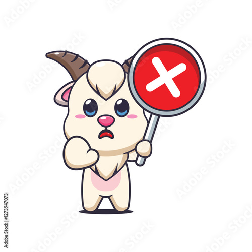 goat mascot cartoon character vector illustration with wrong sign