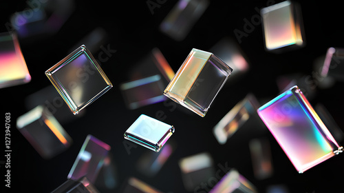 Wallpaper Mural abstract glass transparent square shapes flying on black background render. Iridescent crystal plates, acrylic or plastic panels with light hologram gradient, digital tech banner Torontodigital.ca
