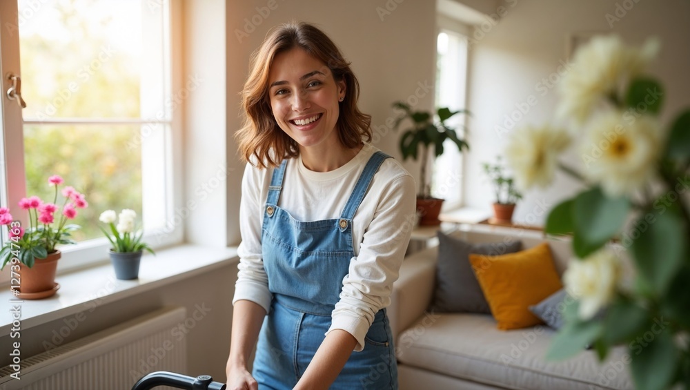 A cheerful woman in casual overalls doing spring cleaning in a bright, cozy home filled with plants and natural light. A perfect scene for home care, organization, and seasonal refresh. A cheerful woman in casual overalls doing spring cleaning in a bright, cozy home filled with plants and natural light. A perfect scene for home care, organization, and seasonal refresh.