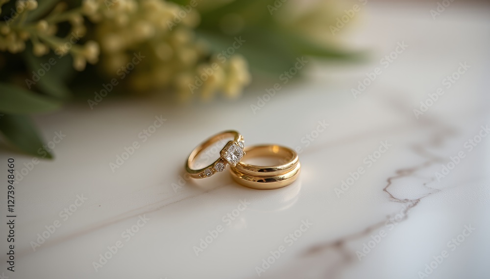 Gold wedding rings on a marble surface symbolizing love and commitment in a minimalist and elegant presentation Gold wedding rings on a marble surface symbolizing love and commitment in a minimalist and elegant presentation