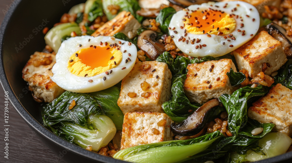 Tofu and egg stir fry with bok choy and shiitake mushrooms in pan Tofu and egg stir fry with bok choy and shiitake mushrooms in pan