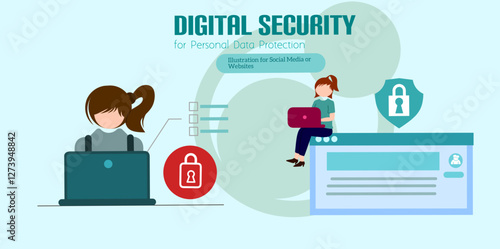 Character using Cyber ​​Security Services to Protect Personal Data. User Authorization, Two Steps Authentication. Idea of ​​digital data protection and safety.Vector illustration.