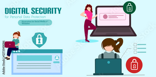 Character using Cyber ​​Security Services to Protect Personal Data. User Authorization, Two Steps Authentication. Idea of ​​digital data protection and safety.Vector illustration.