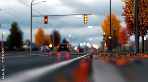 Autumn street scene with traffic lights, colorful leaves, and blurred city background