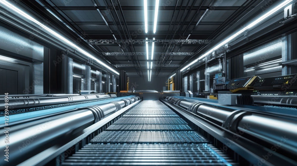 Obraz premium Futuristic Industrial Conveyor System with Neon Lights in a Modern Factory Setting Conveying Innovation and Automation