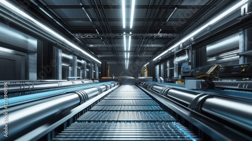 Futuristic Industrial Conveyor System with Neon Lights in a Modern Factory Setting Conveying Innovation and Automation