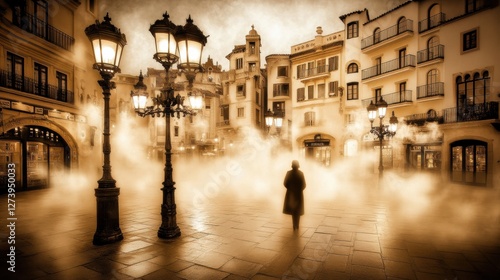 Historic Town Square in Sepia Tones Featuring Foggy Atmosphere and Ornate Street Lamps