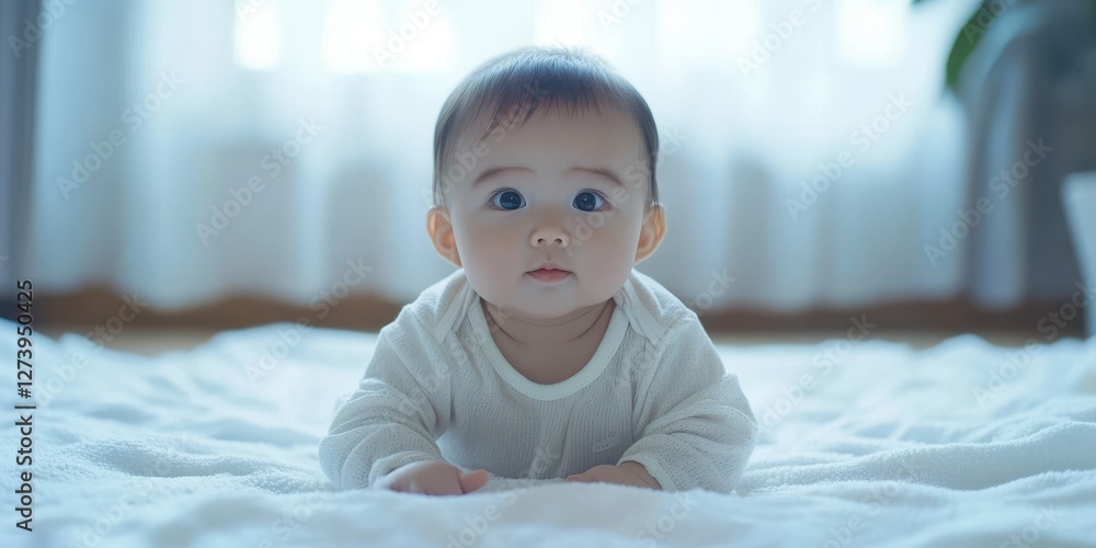 Cute baby crawling on soft blanket in a bright room with natural light streaming through sheer curtains Cute baby crawling on soft blanket in a bright room with natural light streaming through sheer curtains