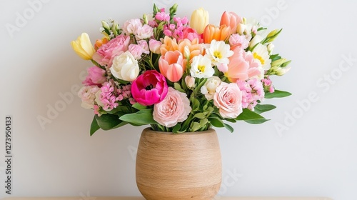 Wallpaper Mural Vibrant spring flower arrangement in a wooden vase showcasing tulips, roses, and other blossoms Torontodigital.ca