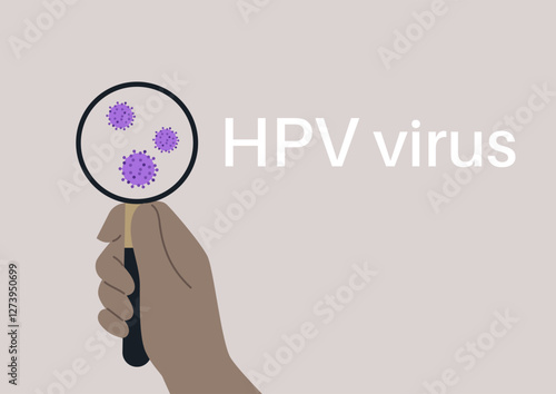 A hand holds a magnifying glass closely examining the HPV virus, highlighting the importance of understanding and combatting viral infections in public health settings