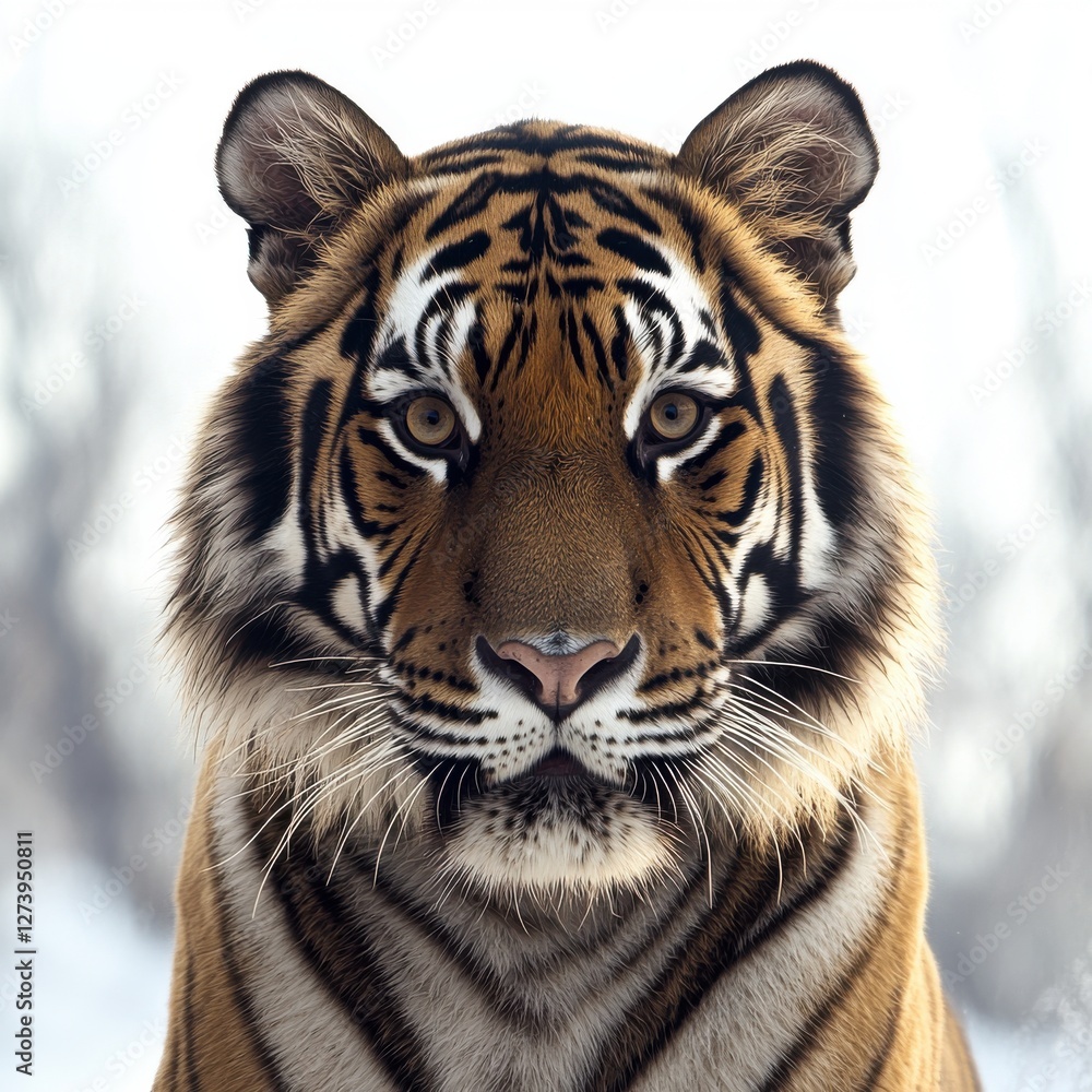 Fototapeta premium A majestic portrait of a Bengal tiger with striking stripes and piercing amber eyes, standing in a snowy, blurred background, showcasing the beauty and power of wildlife.