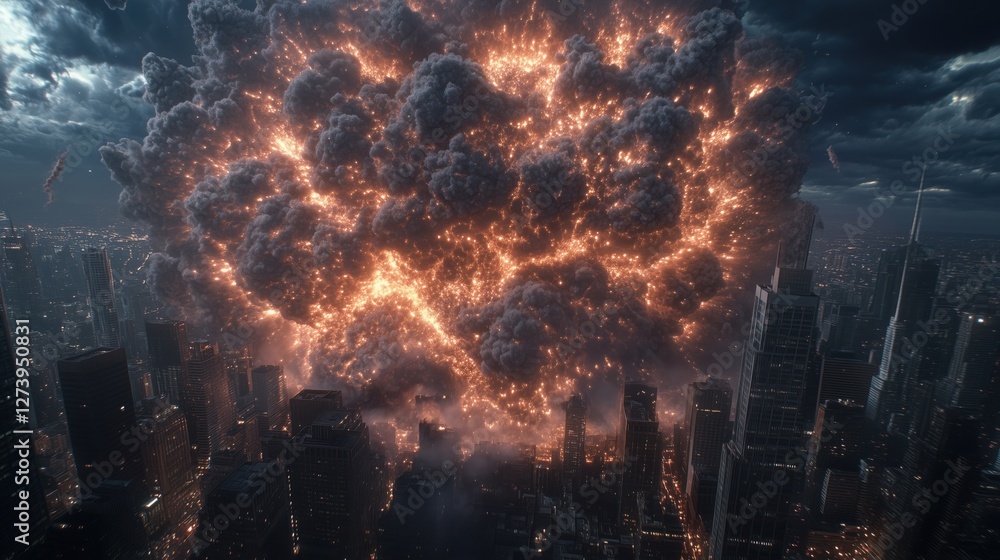 Dramatic explosion lights up the skyline of a bustling city at night Dramatic explosion lights up the skyline of a bustling city at night