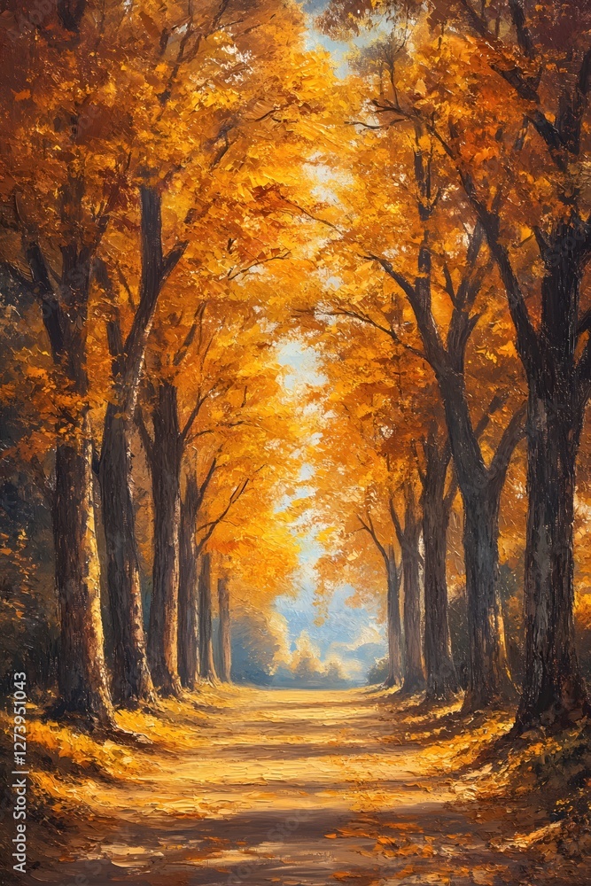 Fototapeta premium Golden Autumn Forest Path Impressionistic Painting with Warm Tones and Natural Light Effect