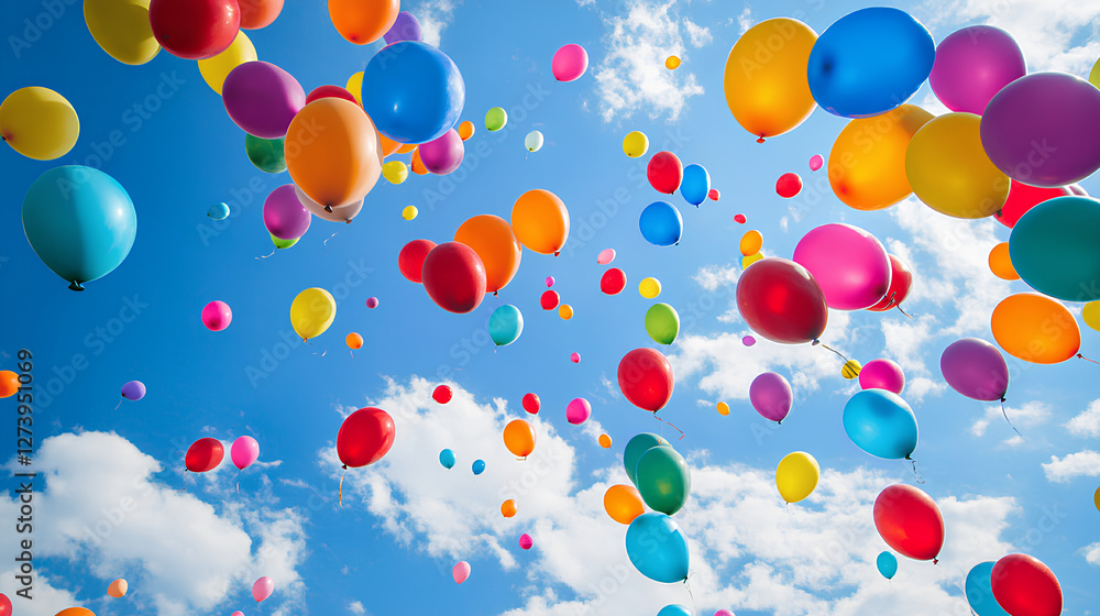 An array of vibrant multicolored balloons of various shapes and sizes floating in the sky creating a cheerful and festive backdrop for events An array of vibrant multicolored balloons of various shapes and sizes floating in the sky creating a cheerful and festive backdrop for events