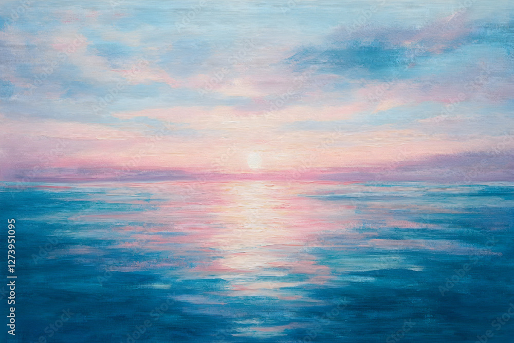 Soft pastel sunset over calm ocean with blended pink and blue hues Soft pastel sunset over calm ocean with blended pink and blue hues