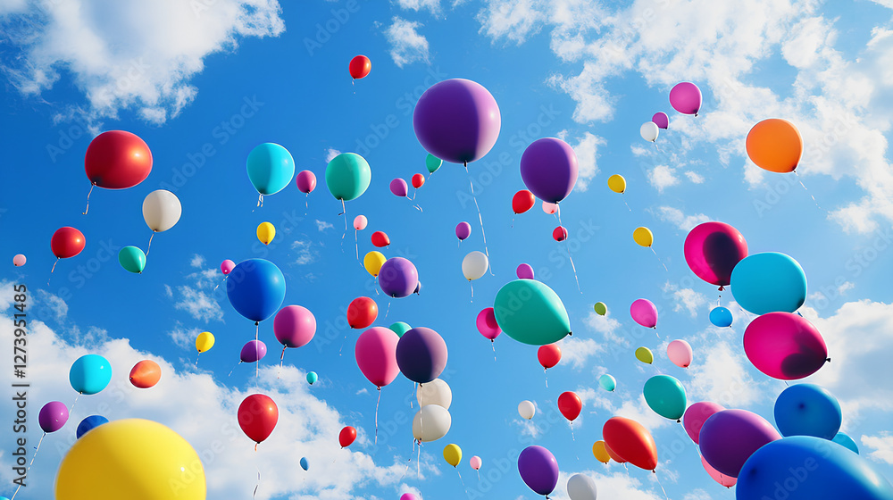 An array of vibrant multicolored balloons of various shapes and sizes floating in the sky creating a cheerful and festive backdrop for events An array of vibrant multicolored balloons of various shapes and sizes floating in the sky creating a cheerful and festive backdrop for events