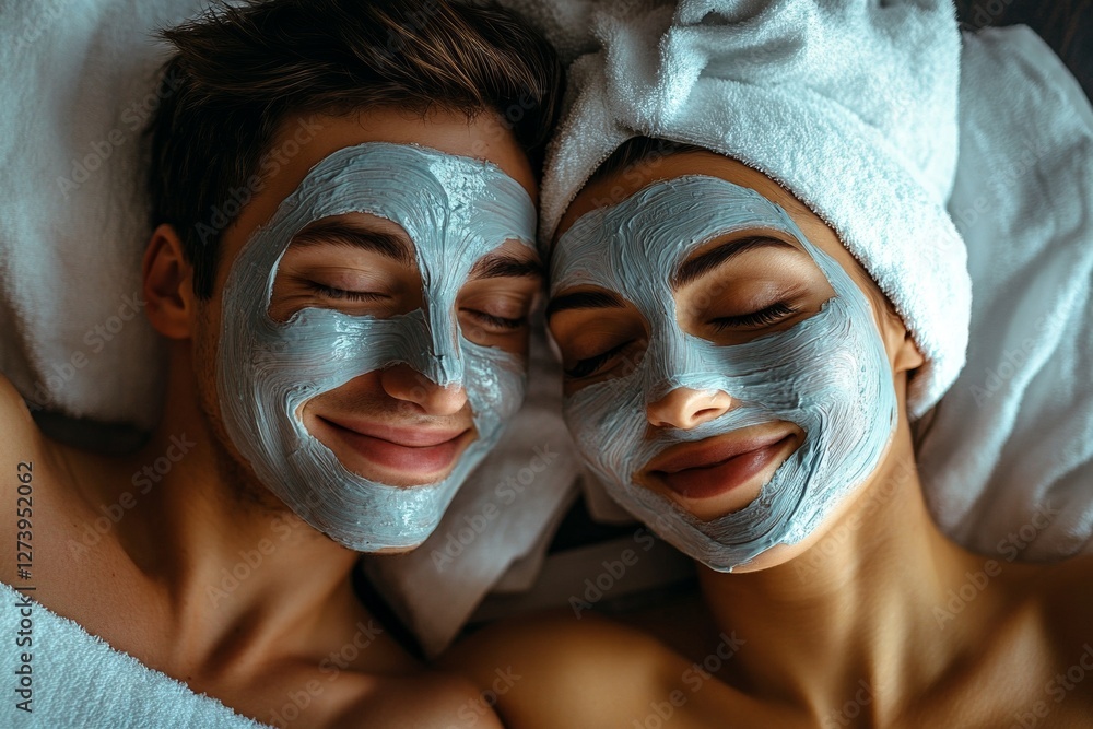 Young caucasian couple relaxing with face masks and towels Young caucasian couple relaxing with face masks and towels