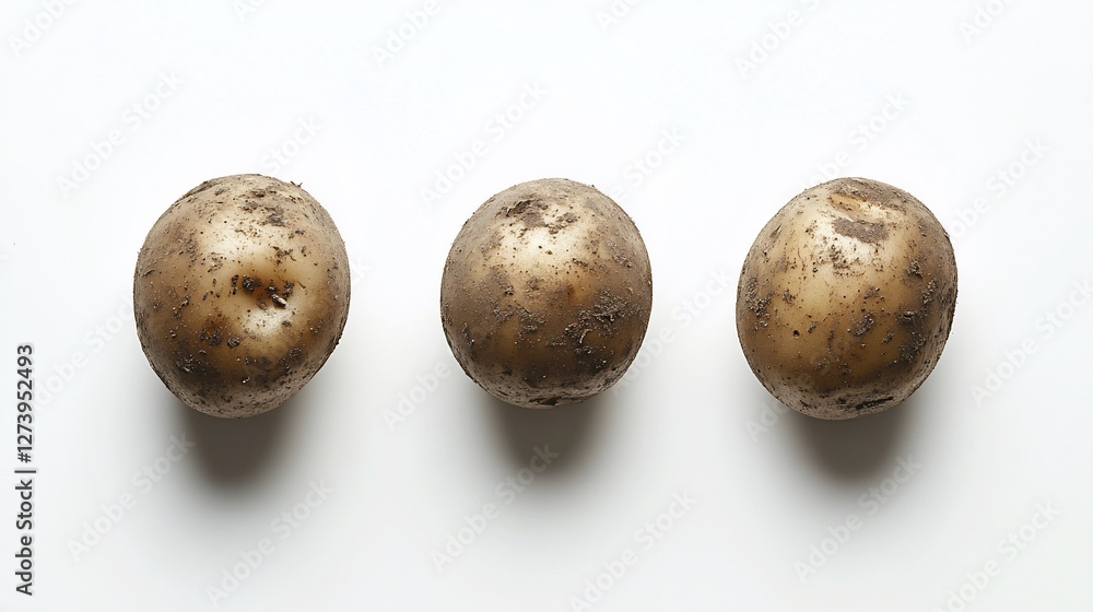 Fototapeta premium Three dirty potatoes arranged in a row on a white background.