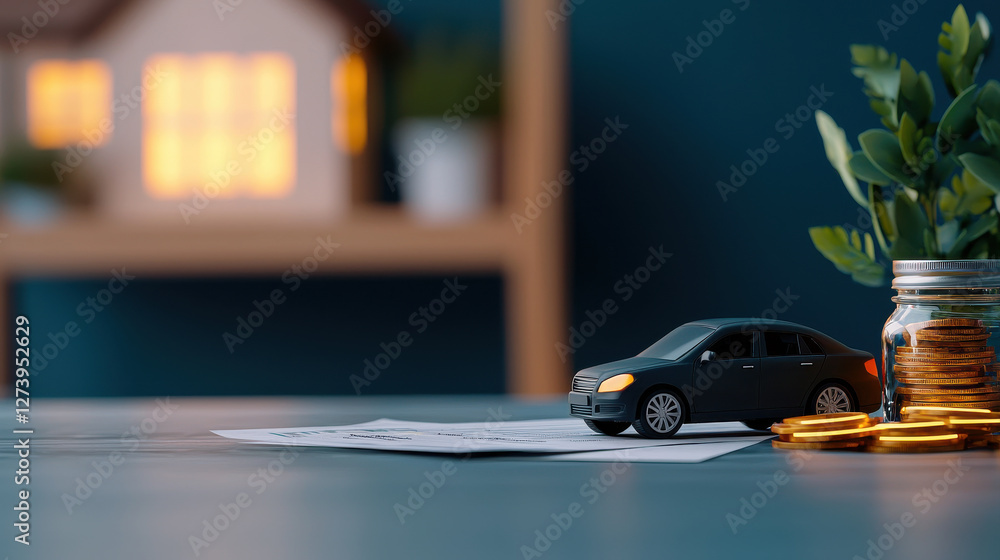 Fototapeta premium Car model and house model with coins on table, symbolizing finance, house and car insurance concepts.