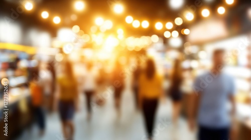 Blurred Crowd of People Walking on a City Street with Bokeh Lights Background