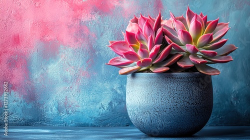 Vibrant succulent plants in a textured pot against a colorful abstract background, ideal for decor