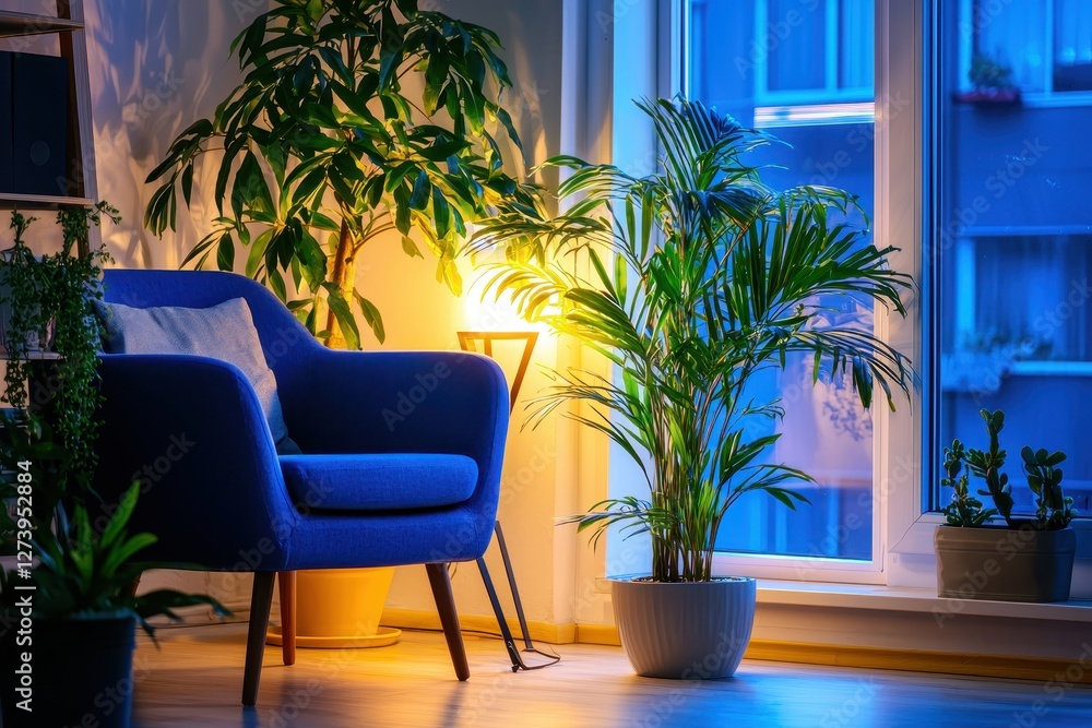 Fototapeta premium Cozy interior with blue armchair lush plants and soft lamp light creating a peaceful and inviting atmosphere for relaxation and comfort