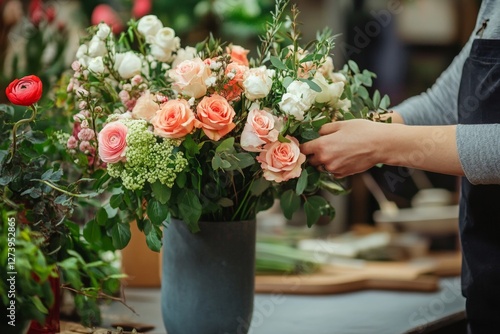 Florist arranging elegant bouquet of roses and greenery in vase photo