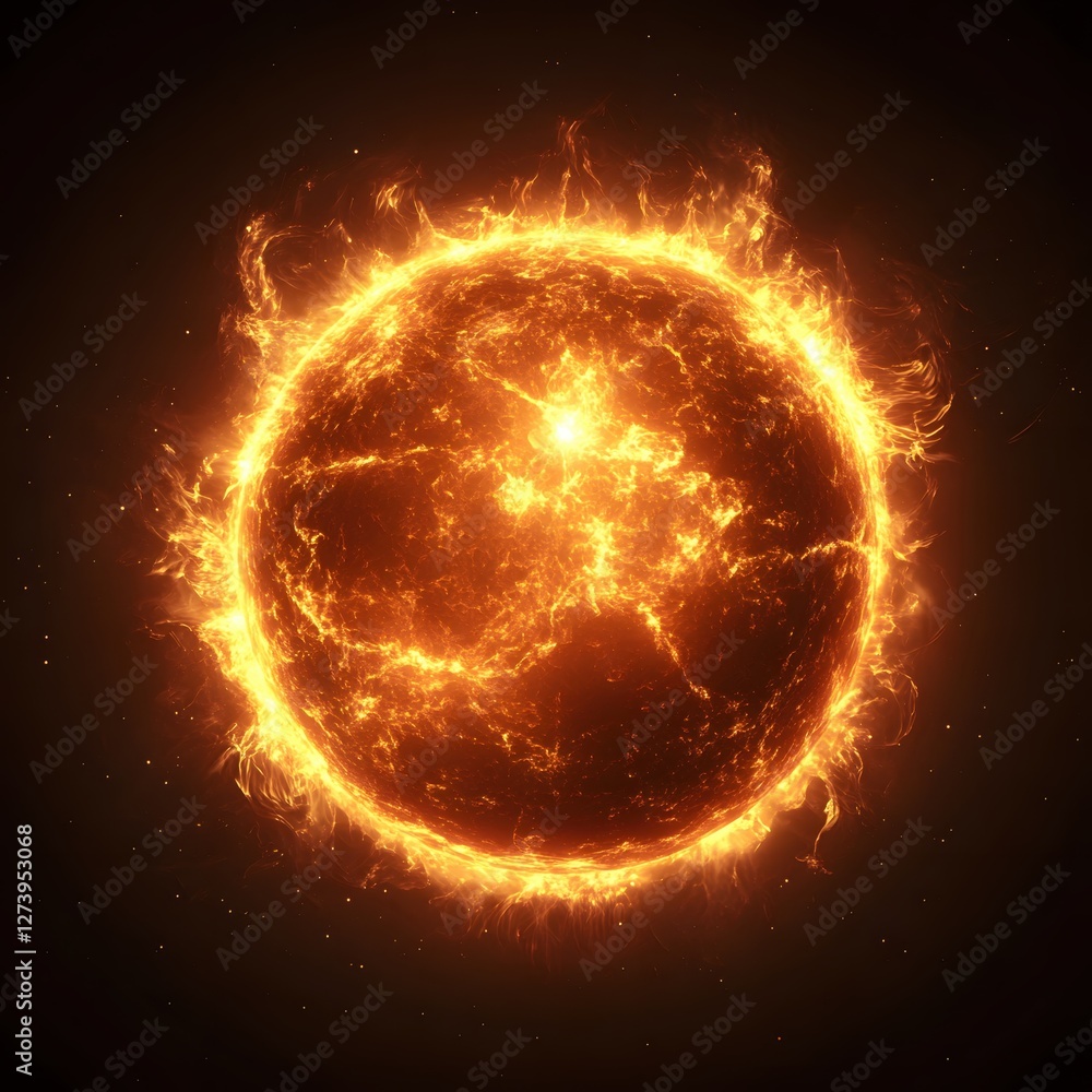 Fototapeta premium Fiery Sun Surface with Plasma Flares Radiating Heat and Light in Deep Space Exploration
