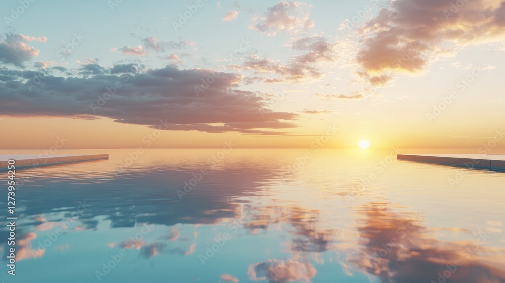 Fototapeta premium Serene Sunset Over Calm Water with Reflections and Gentle Clouds